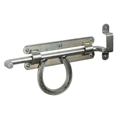 Silver-toned metal stubbs horse shoe door bolt with horseshoe-shaped pull handle and tremendous stubbs strength