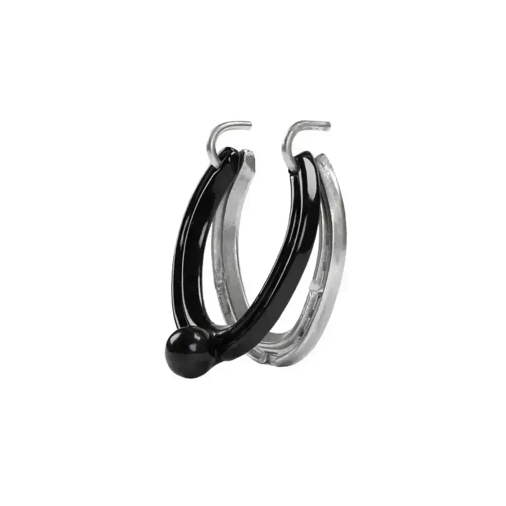 Black and silver two-tone hoop earrings with glossy finish and black accent inspired by stubbs horseshoe door knock design