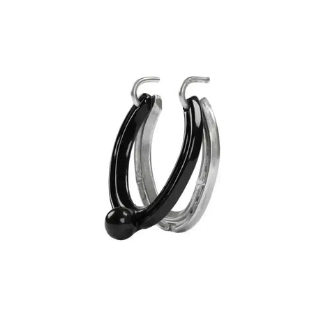 Black and silver two-tone hoop earrings with glossy finish and black accent inspired by stubbs horseshoe door knock design