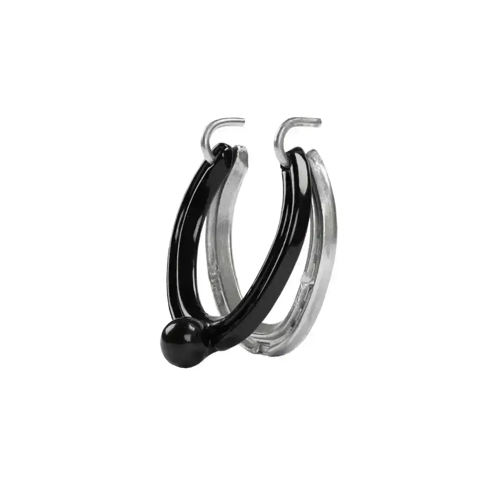 Black and silver two-tone hoop earrings with glossy finish perfect for stubbs horseshoe door or tack room style