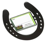 Black metal stubbs horseshoe stable nameplates with green and white label insert for simple stable use