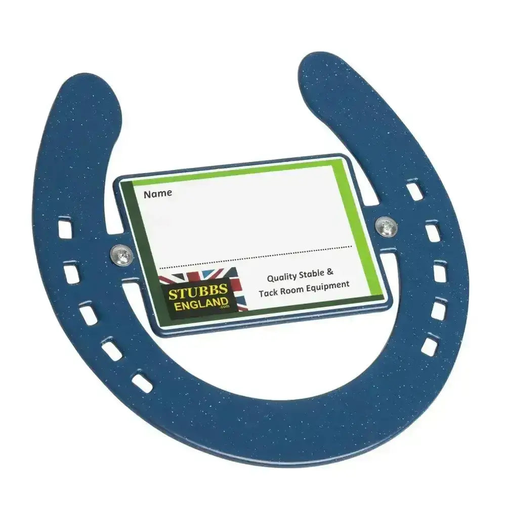 Blue glittery horseshoe stable nameplates business card holder with green and white label from stubbs horseshoe stable