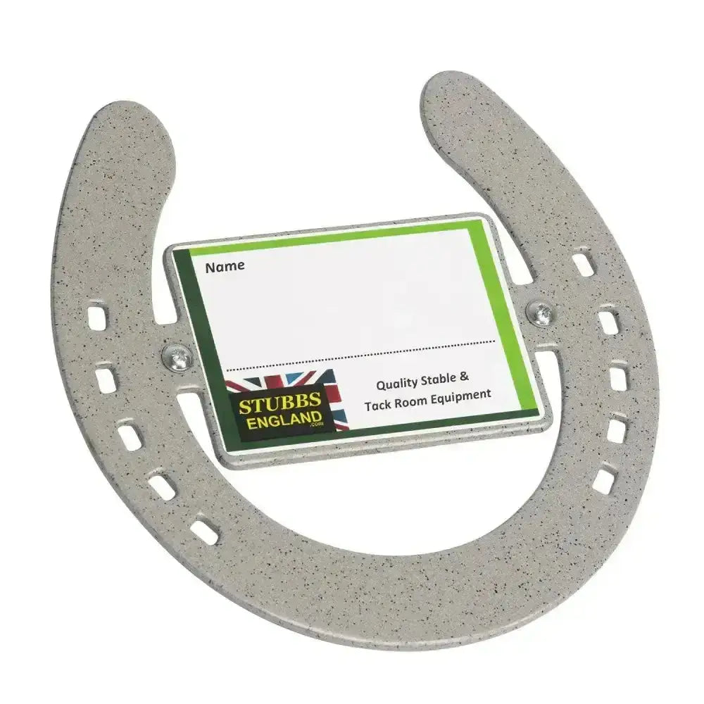 Gray speckled horseshoe stable nameplate holder with green white card insert featuring stubbs england logo for stubbs horseshoe stable