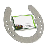 Gray speckled horseshoe stable nameplate holder with green white card insert featuring stubbs england logo for stubbs horseshoe stable