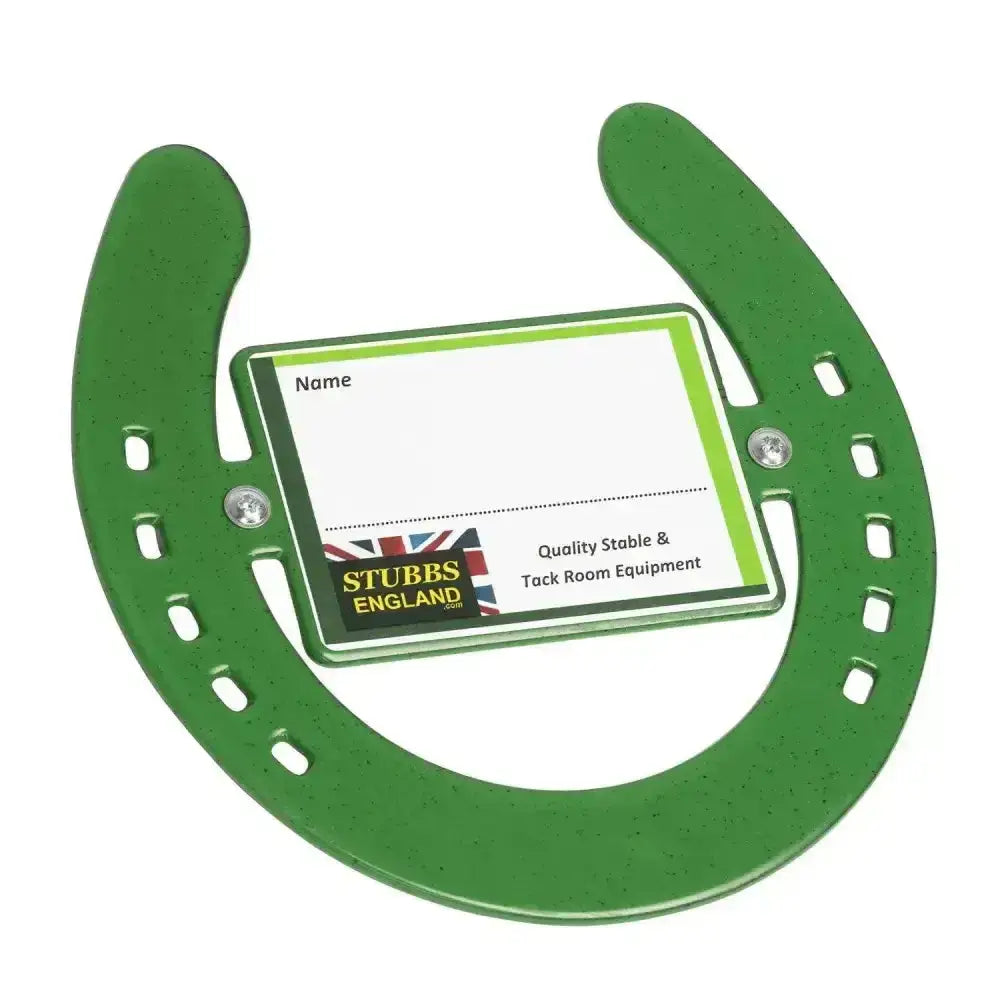 Green metal stubbs horseshoe stable nameplates business card holder with silver screws and simple stable nameplates design