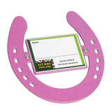 Pink speckled horseshoe stable nameplates business card holder with green and white label from stubbs horseshoe stable