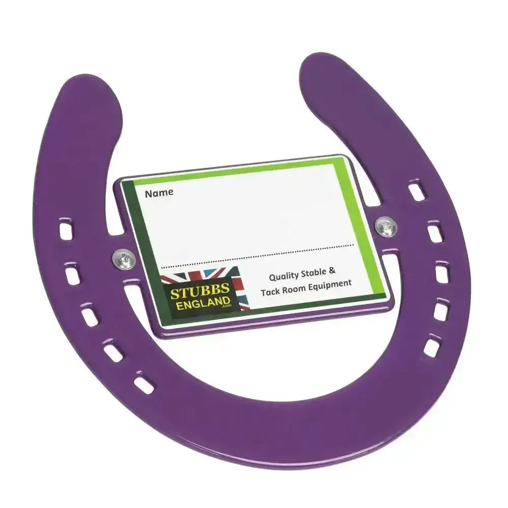 Purple metallic horseshoe stable nameplates with stubbs england logo and green white card insert for stubbs horseshoe stable