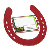 Red metal horseshoe stable nameplates business card holder with green and white label from stubbs horseshoe stable