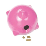 Pink plastic pig-shaped stubbs horsey ball s421 dog treat dispenser with black opening capably handles easy filling