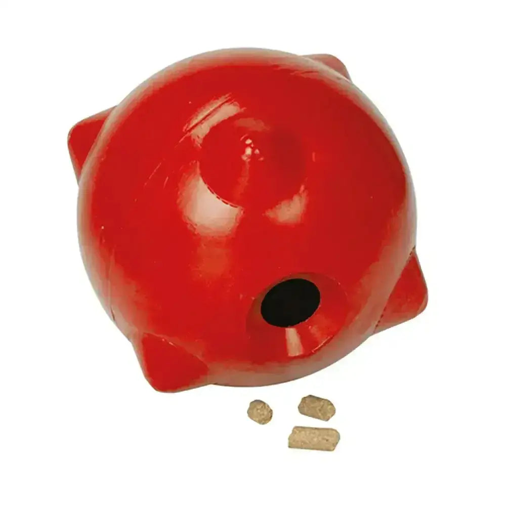 Bright red glossy plastic stubbs horsey ball s421 pet feeder with black opening and small ears capably handles easy filling