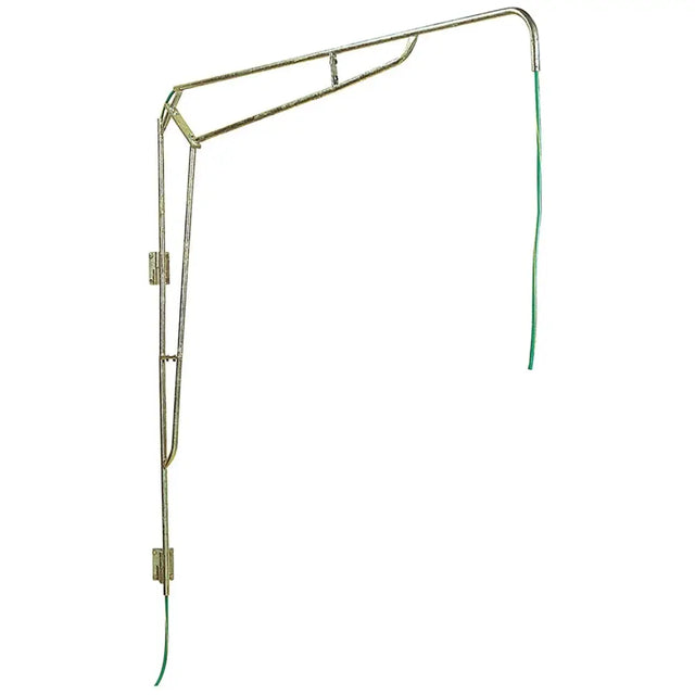Metallic gray l-shaped wall-mounted stubbs hose boom s141 with green rope ends for a stable yard setup