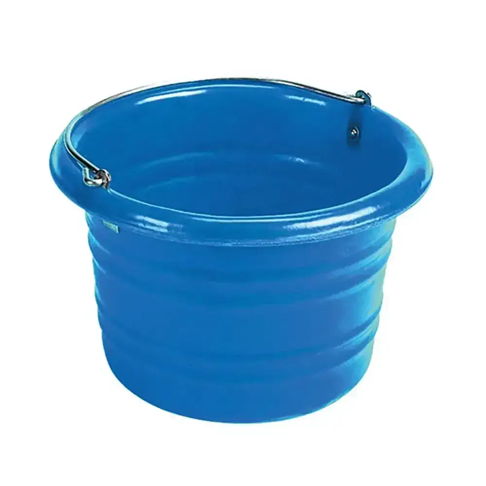 Blue plastic collapsible stubbs jumbo feed water bucket with metal handle for easy carrying and storage