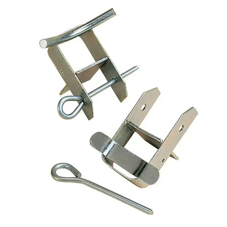 Silver metal stubbs jump cups pole with looped pin and flat angled mounting plates in heavy duty steel construction