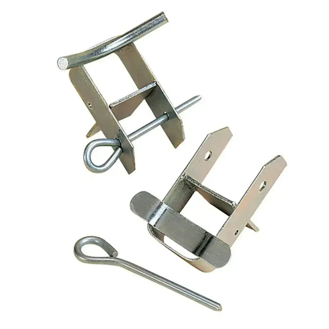 Silver metal stubbs jump cups pole with looped pin and flat angled mounting plates in heavy duty steel construction