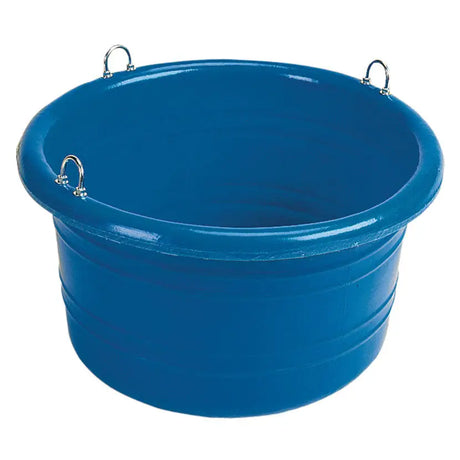 Blue stubbs large feed tub made of durable plastic with three metal d-rings for easy handling and heavy-duty feeding