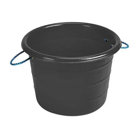 Black stubbs large manure bucket with stout blue and white rope handles and reinforced eyes for durability