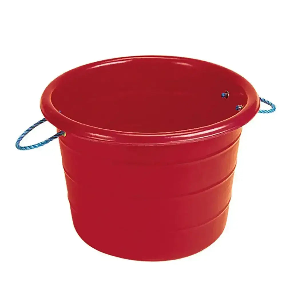 Red stubbs large manure bucket with blue and white stout rope handles and reinforced eyes for durability