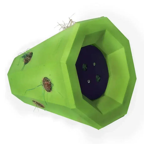 Bright green stubbs lidded hay roller horse with dark blue interior and small hay-filled entry holes for pets