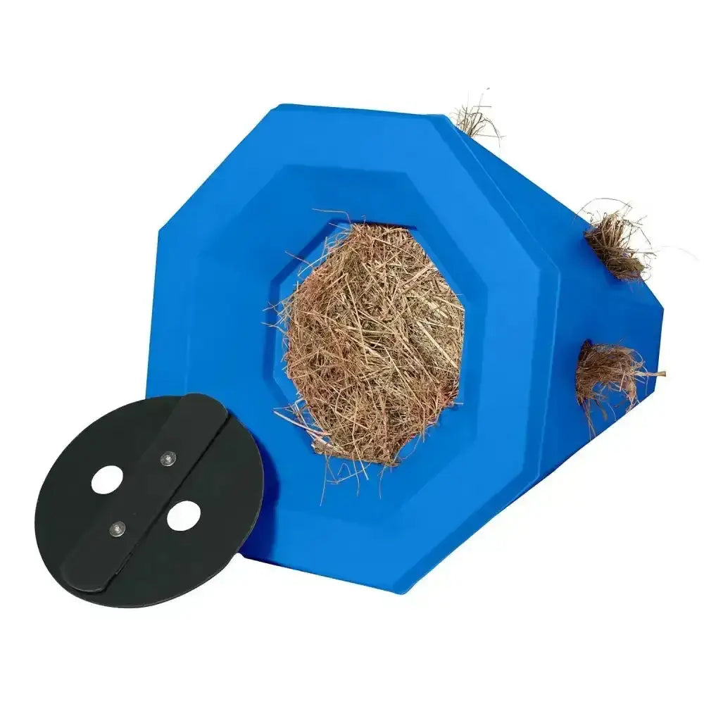 Blue octagonal stubbs lidded hay roller pony with black circular lid and straw filled interior for feeding hay