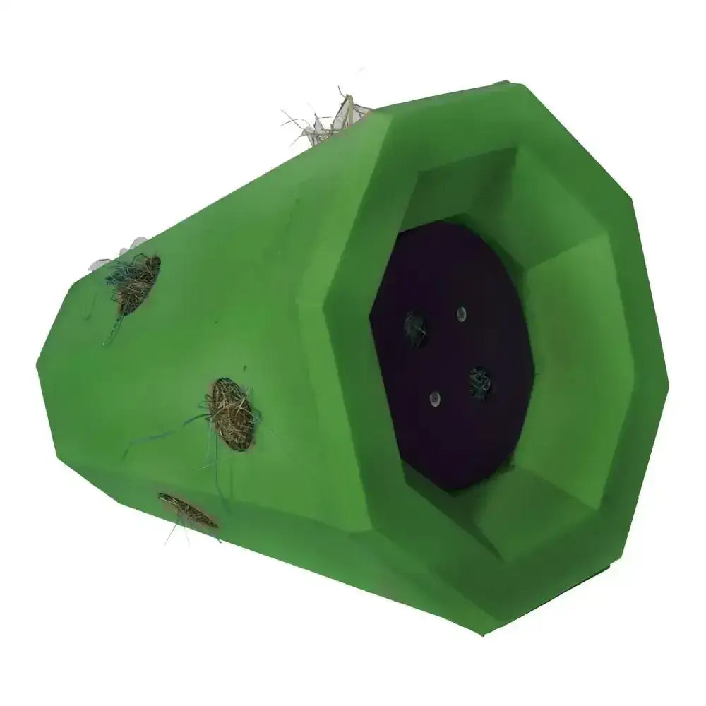 Green octagonal stubbs lidded hay roller pony with multiple circular openings and dark interior for easy feeding