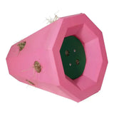 Pink octagonal stubbs lidded hay roller pony with green interior and multiple slots filled with straw for easy feeding