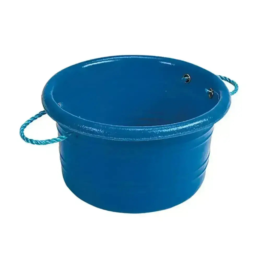 Blue plastic stubbs medium manure bucket with teal rope handles for easy carrying and durability