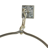 Silver-toned metal trigger hook stubbs metal trigger s85ps securing two thick steel cables on a square mounting plate