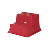Red plastic two-step stool with textured surface and ridged steps from stubbs mountie s521 for easy climbing