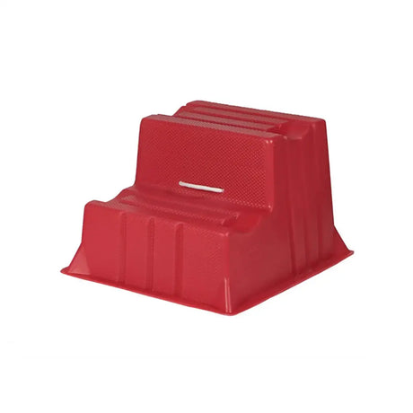 Red plastic two-step stool with textured surface and ridged steps from stubbs mountie s521 for easy climbing
