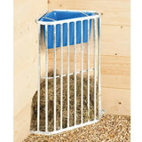 Silver metal corner hay feeder with blue plastic tray for ground level feeding horse’s hay stubbs munch station