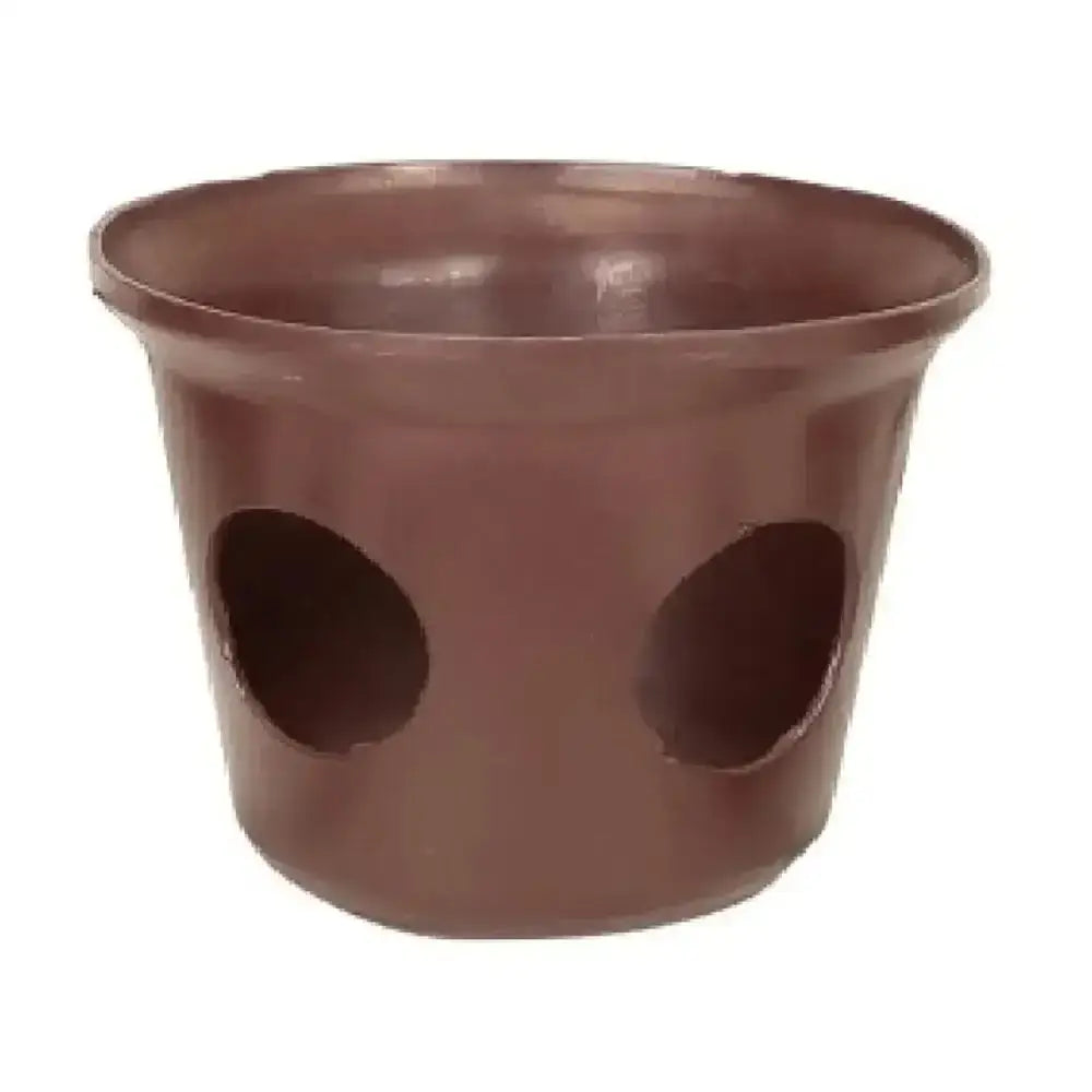 Brown plastic planter with two circular cutouts on the side for stubbs muzzle standard straps s7534 height 18cm