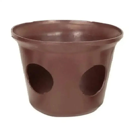 Brown plastic planter with two circular cutouts on the side for stubbs muzzle standard straps s7534 height 18cm