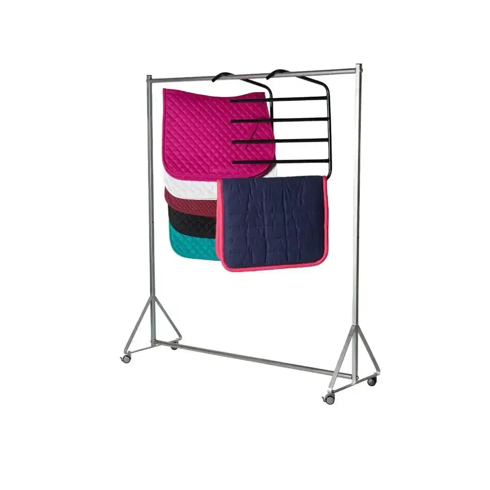 Silver metal stubbs numnah hanger five arm s9355 holding colorful quilted numnah pads for easy storage
