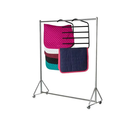 Silver metal stubbs numnah hanger five arm s9355 holding colorful quilted numnah pads for easy storage