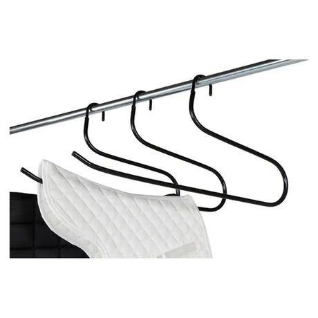 Black metal stubbs numnah hangers with sleek s-shaped design and slight forward slope for saddle pad storage
