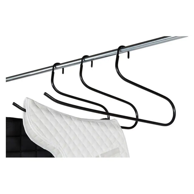 Black metal stubbs numnah hangers with sleek s-shaped design and slight forward slope for saddle pad storage