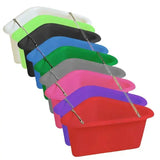 A vibrant multi-colored stubbs plastic corner manger with a sturdy tubular support frame and metal handle
