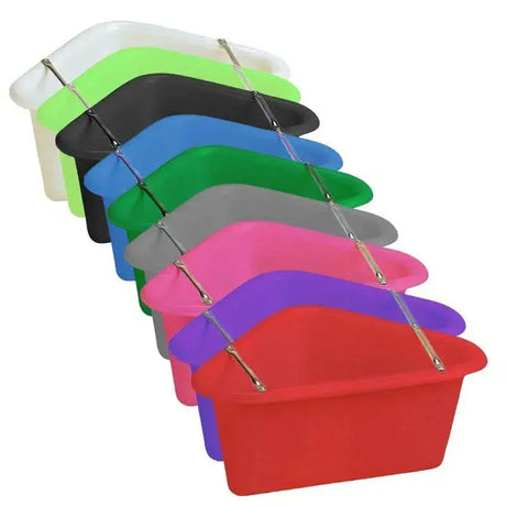A vibrant multi-colored stubbs plastic corner manger with a sturdy tubular support frame and metal handle