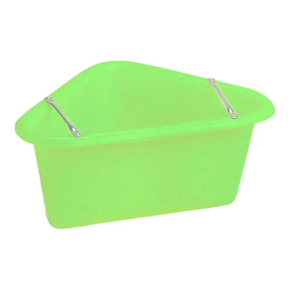 Bright lime green stubbs plastic corner manger with two silver metal handles and tubular support frame