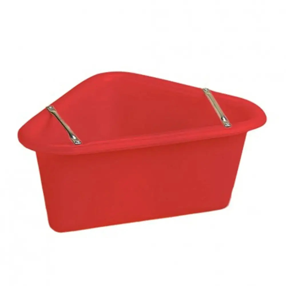 Red plastic storage bin with two metallic handles for stubbs plastic corner manger with tubular support frame