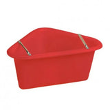 Red plastic storage bin with two metallic handles for stubbs plastic corner manger with tubular support frame