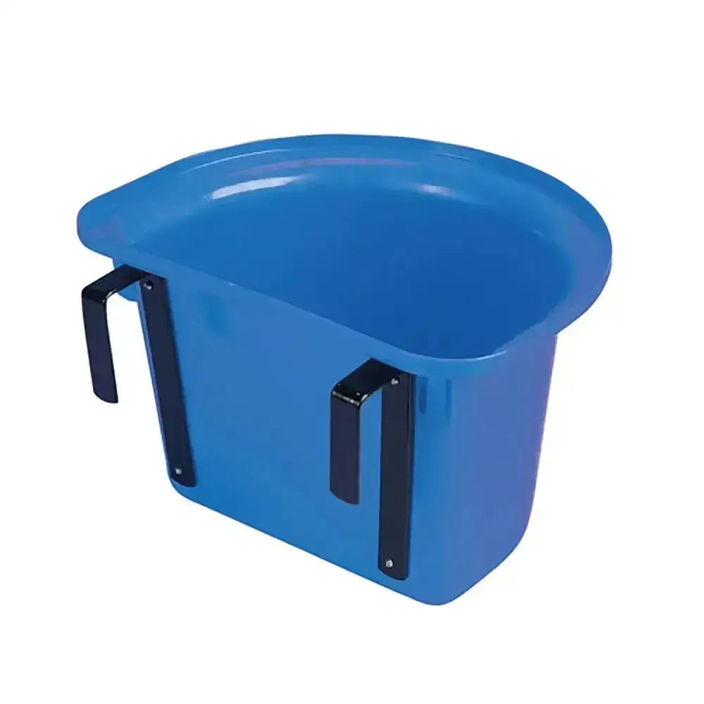 Blue plastic stubbs plastic portable horse feed trough with black metal mounting brackets for portable manger hanging