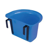 Blue plastic stubbs plastic portable horse feed trough with black metal mounting brackets for portable manger hanging