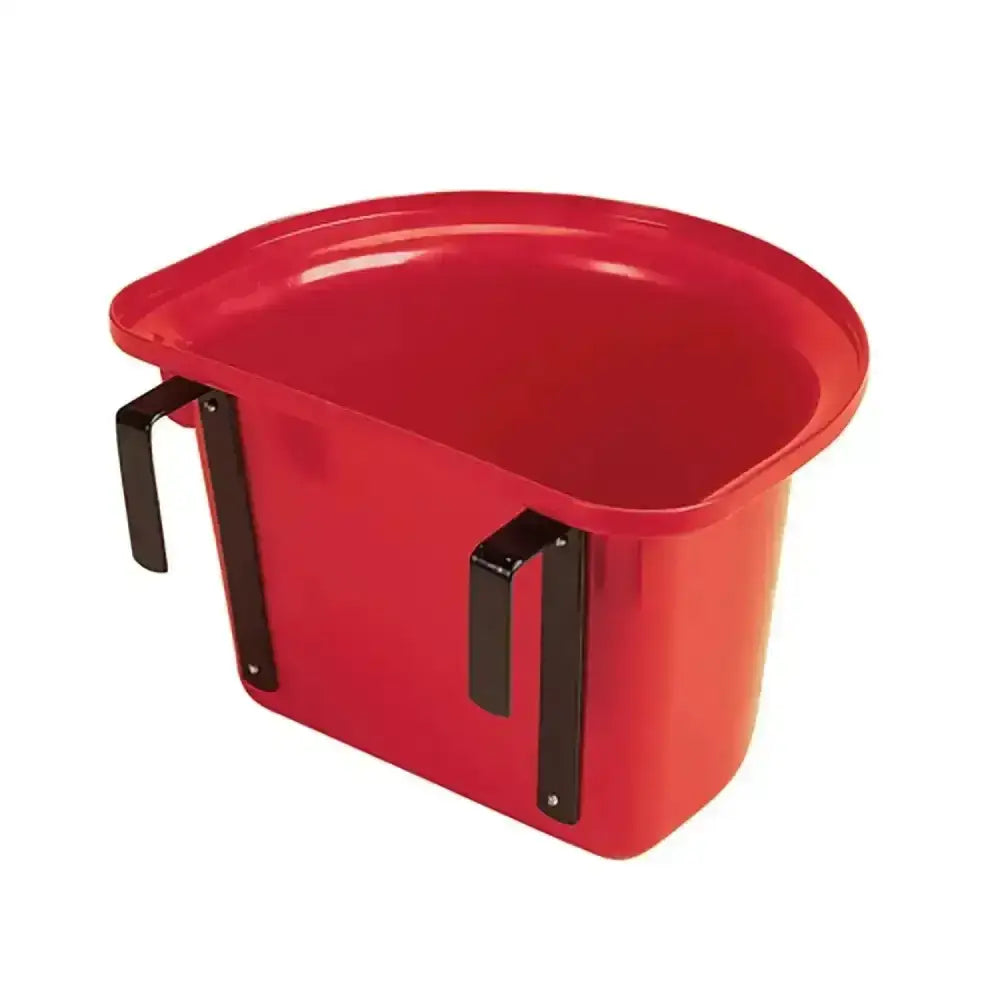Red stubbs plastic portable horse feed bucket with black metal side handles for hanging portable manger use