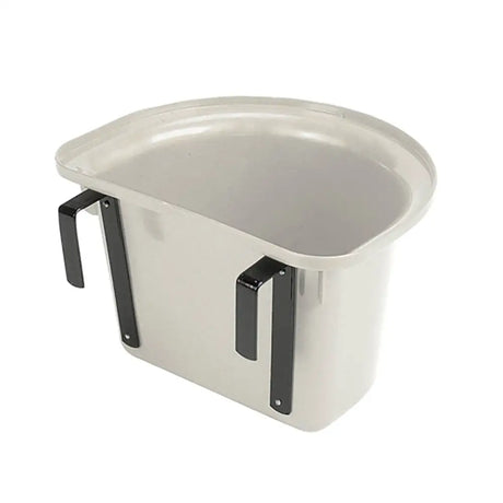 White stubbs plastic portable manger bucket with black metal handles for hanging and carrying feed
