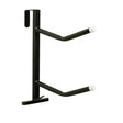 Black metal stubbs portable saddle rack with twin arms and white plastic caps for easy horse tack storage