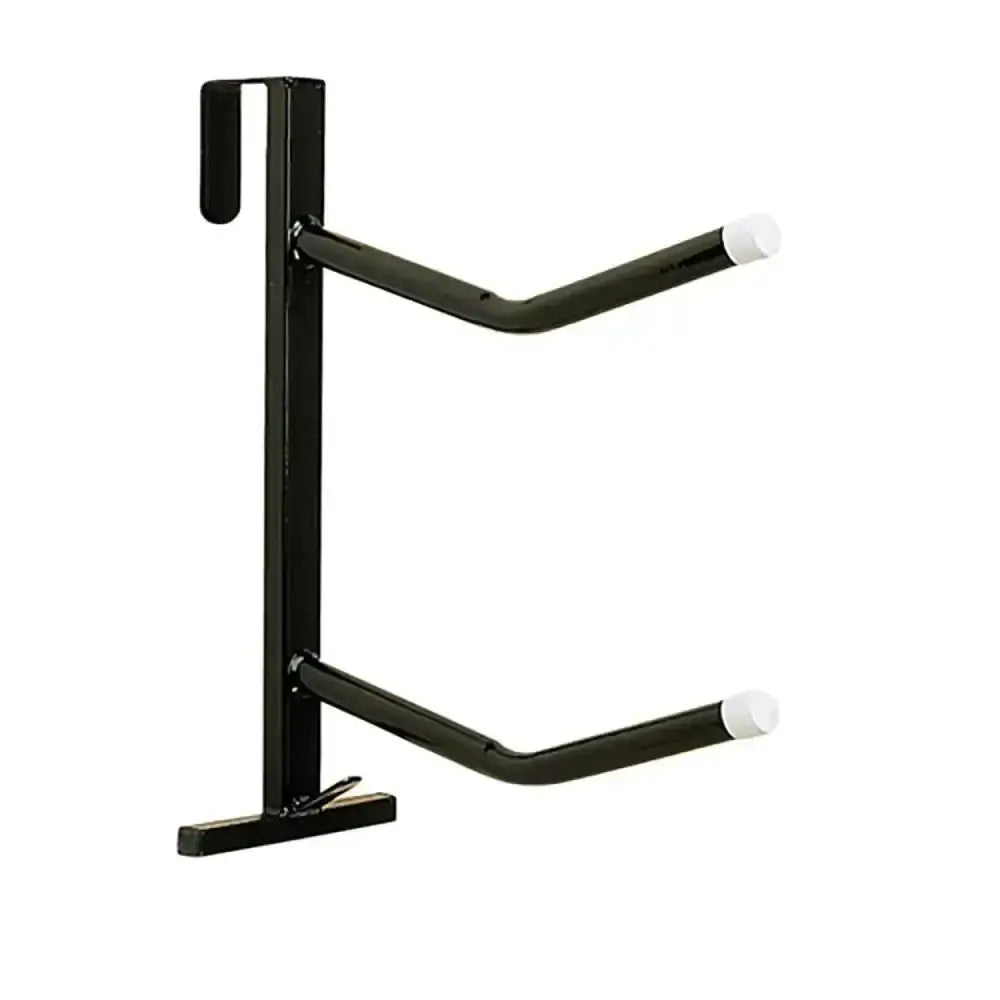 Black metal stubbs portable saddle rack with twin arms and white plastic caps for easy horse tack storage