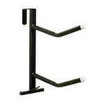 Black metal stubbs portable saddle rack with twin arms and white plastic caps for easy horse tack storage