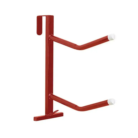 Red metal stubbs portable saddle racks twin arms bike rack with white caps mounted on door for easy storage