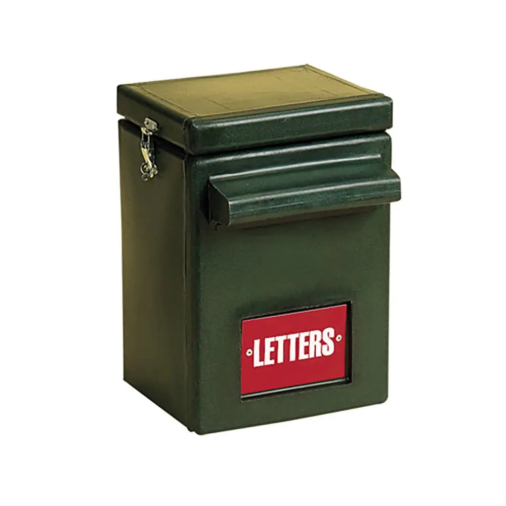 Dark green stubbs postbox s350 tough stubbythene letterbox with red letters label and metal latch for secure mail delivery